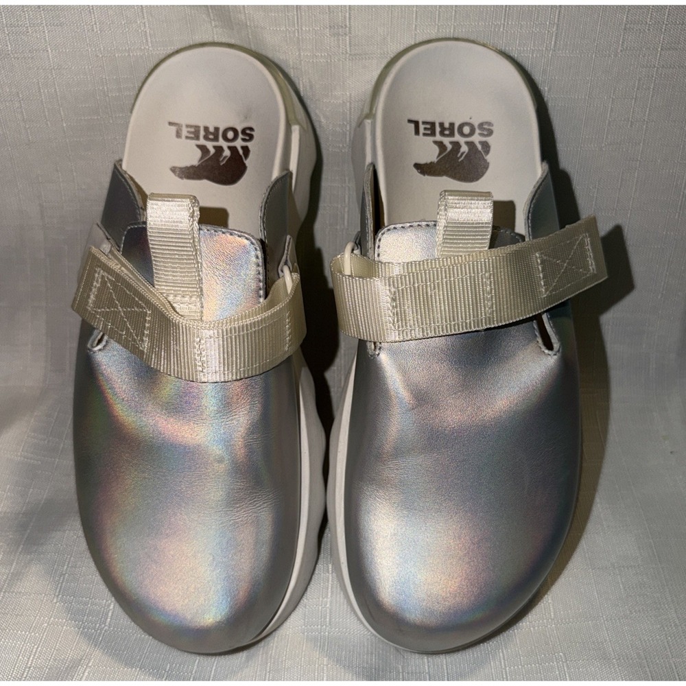 Sorel Viibe Women's Clog Slide Sea Salt Luminous Lime Silver Size 7 Leather New